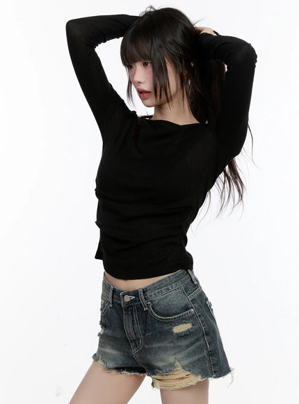 boat-neck-sheer-long-sleeve-top-cl507 / Black