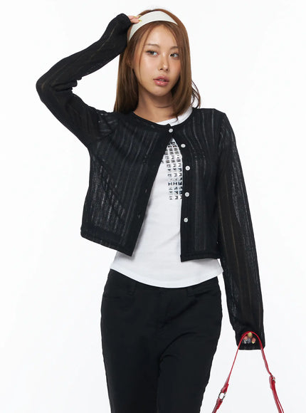 sheer-knit-round-cardigan-cu501 / Black