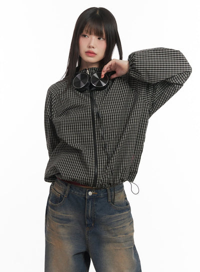 checkered-hooded-windbreaker-jacket-cf519 / Black
