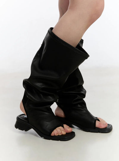 wrinkled-leather-peep-toe-long-boots-ca508 / Black