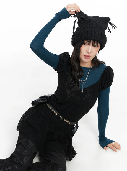 lace-shirred-mini-dress-co507 / Black