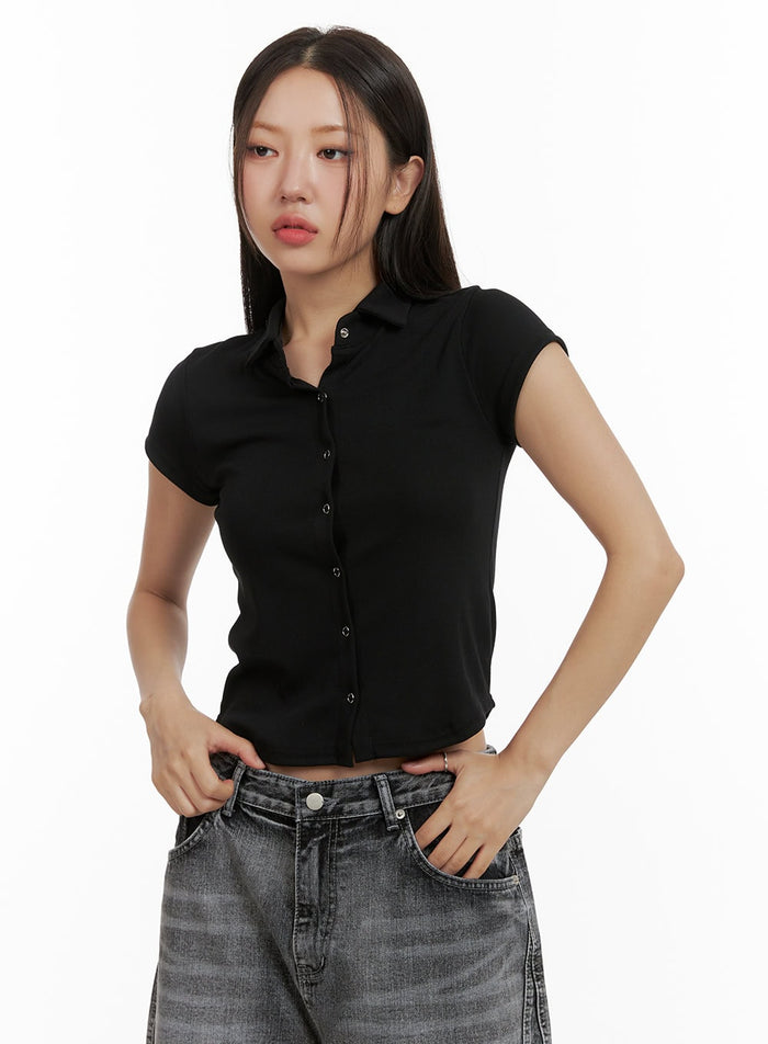 buttoned-collar-crop-tee-cu405 / Black