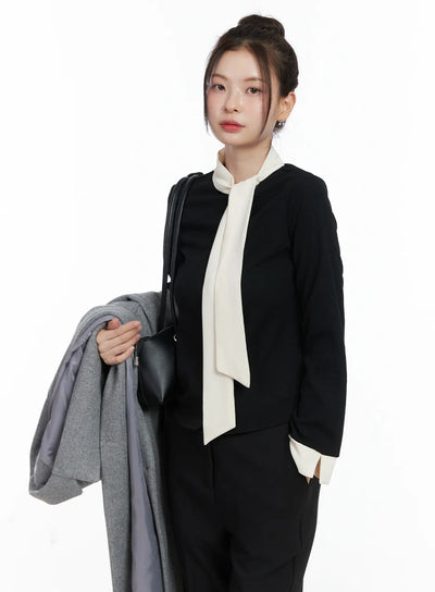 slim-fit-long-sleeve-scarf-blouse-cn519 / Black