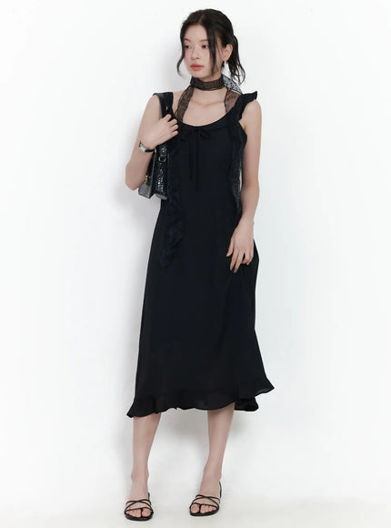 round-neck-frill-maxi-dress-ca509 / Black