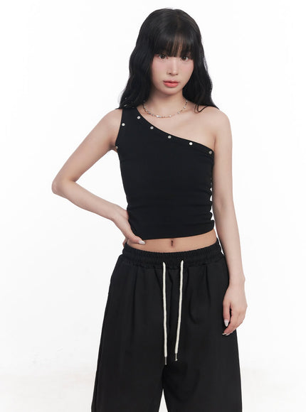 studded-one-shoulder-crop-tank-top-cy527 / Black
