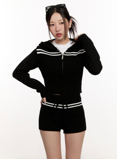 knitted-striped-zip-up-hoodie-cm507 / Black
