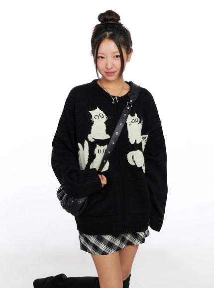 oversized-graphic-zip-up-sweater-co515 / Black