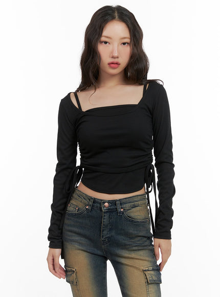 shirred-square-neck-layered-top-cg422 / Black