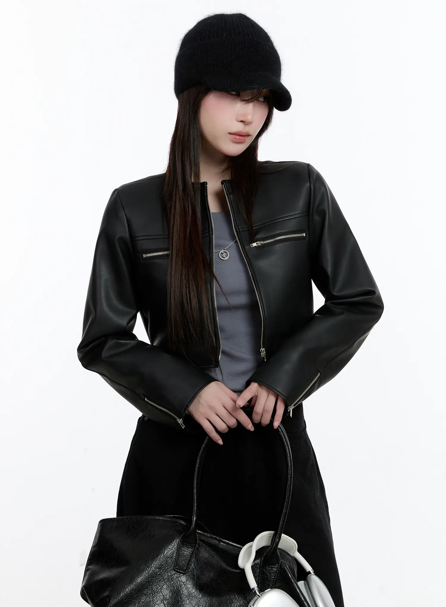 cropped-faux-leather-rider-jacket-cn525 / Black