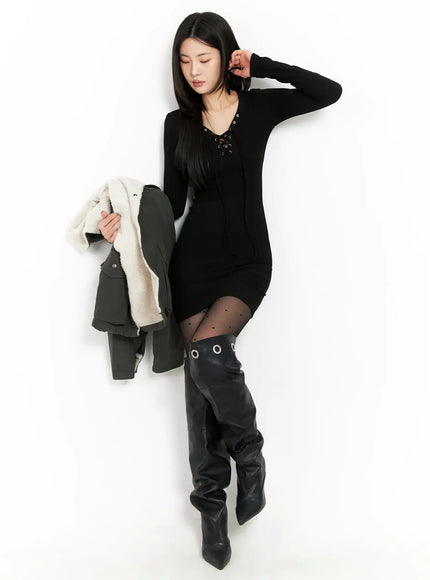 ribbed-lace-up-bodycon-mini-dress-cd508 / Black