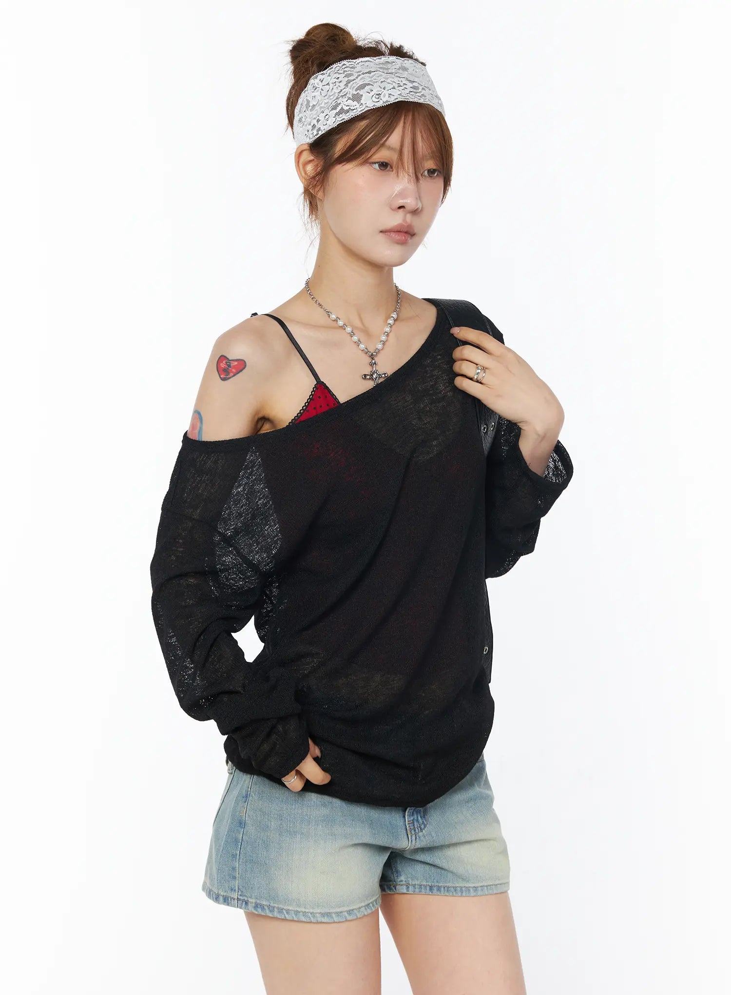 sheer-off-shoulder-long-sleeve-top-cy528 / Black
