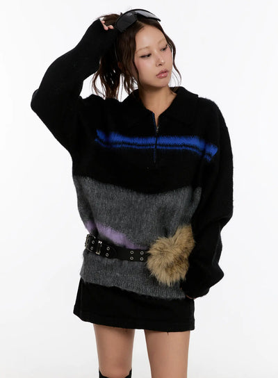 oversized-multi-color-half-zip-knit-sweater-cn527 / Black