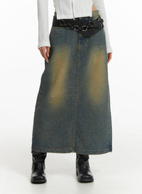 vintage-washed-denim-maxi-skirt-cj431 / Blue
