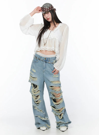 clementine-distressed-wide-leg-jeans-ca528 / Blue