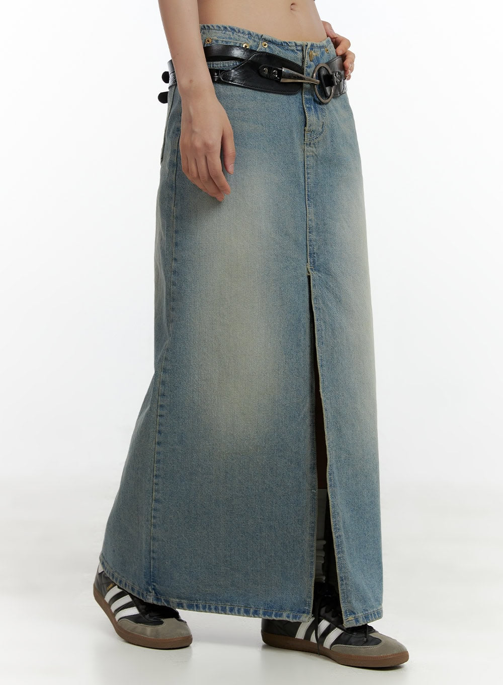 Front Slit Denim Maxi Skirt CL410 - Acubi style | LEWKIN