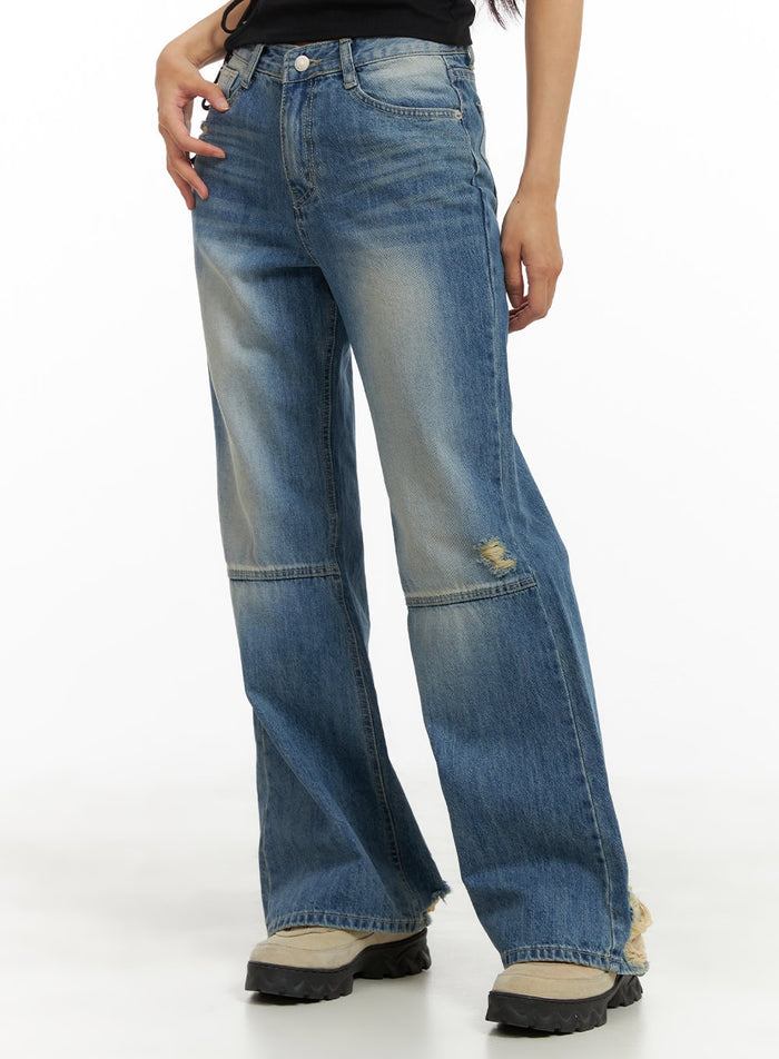 semi-destroyed-straight-jeans-ca424 / Blue