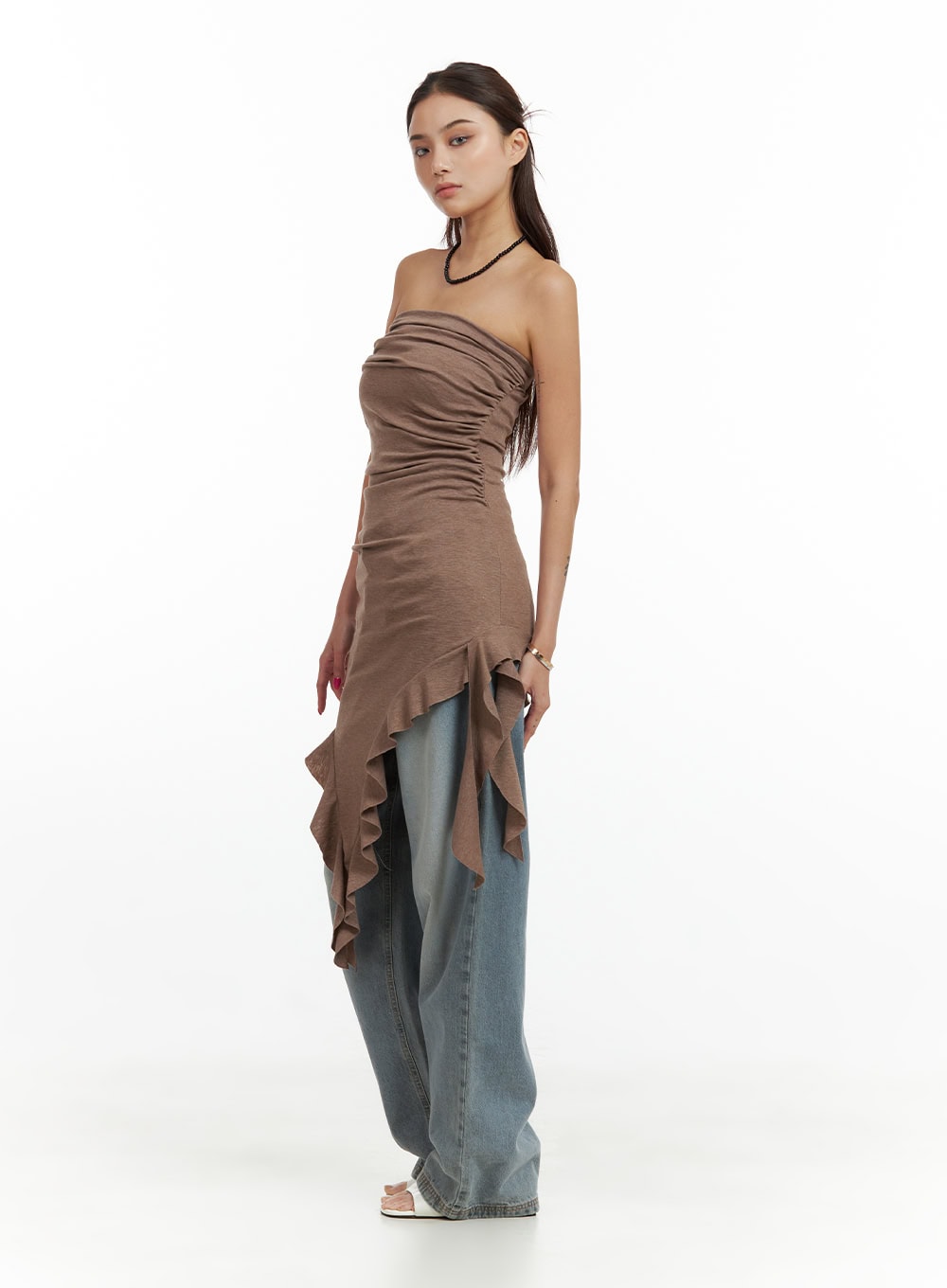 shirred-tube-top-mini-dress-cu417 / Brown