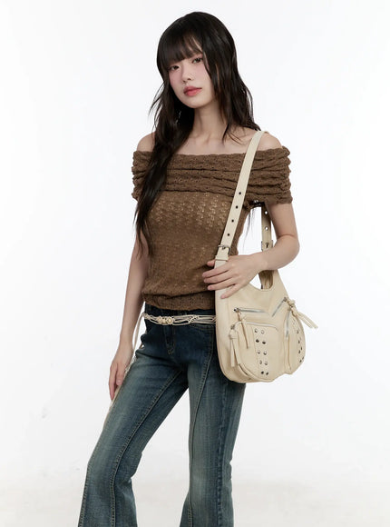 shirred-off-shoulder-knit-top-cl504 / Brown