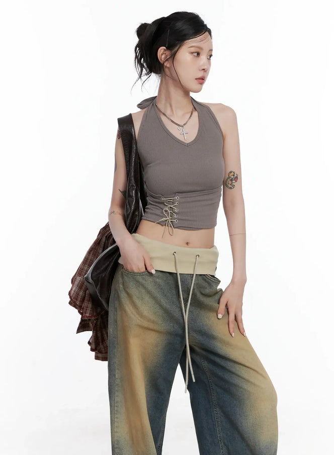 corset-lace-up-halter-top-cs512 / Brown