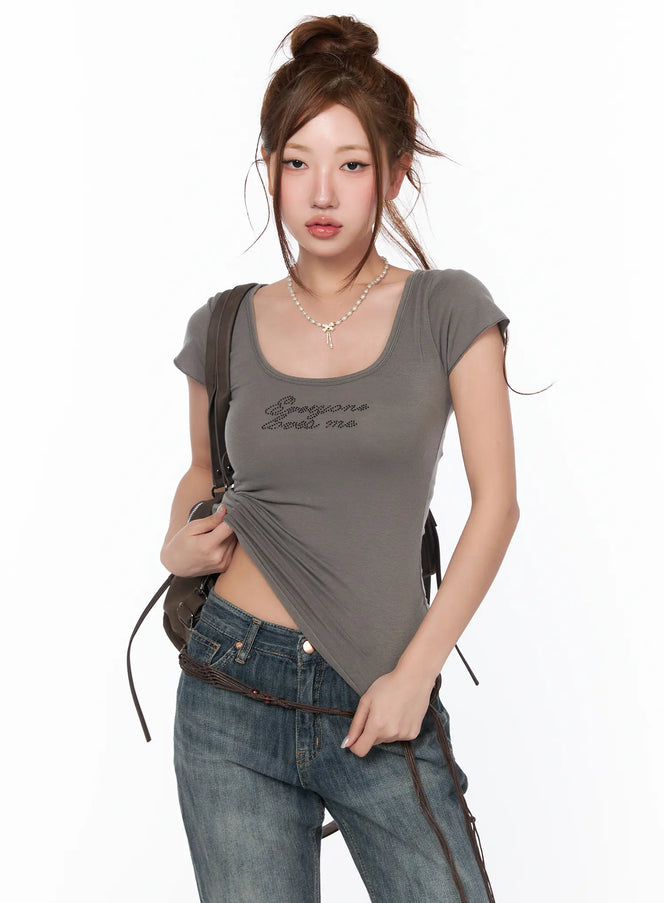 rhinestone-accent-corset-t-shirt-ca515 / Brown