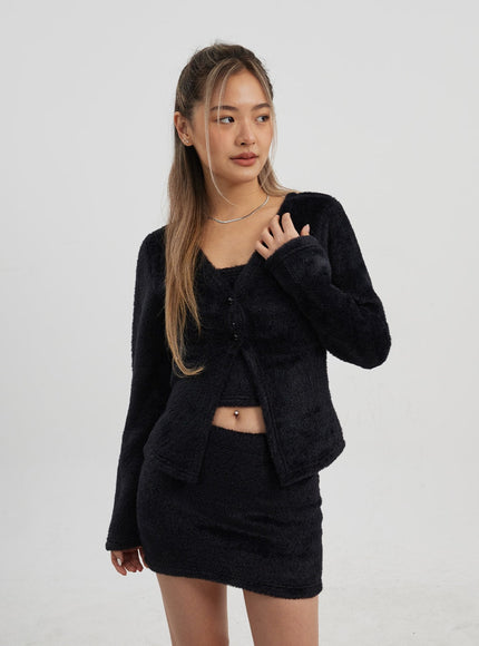 Teddy Cardigan Tube Top And Mini Skirt Set CJ325