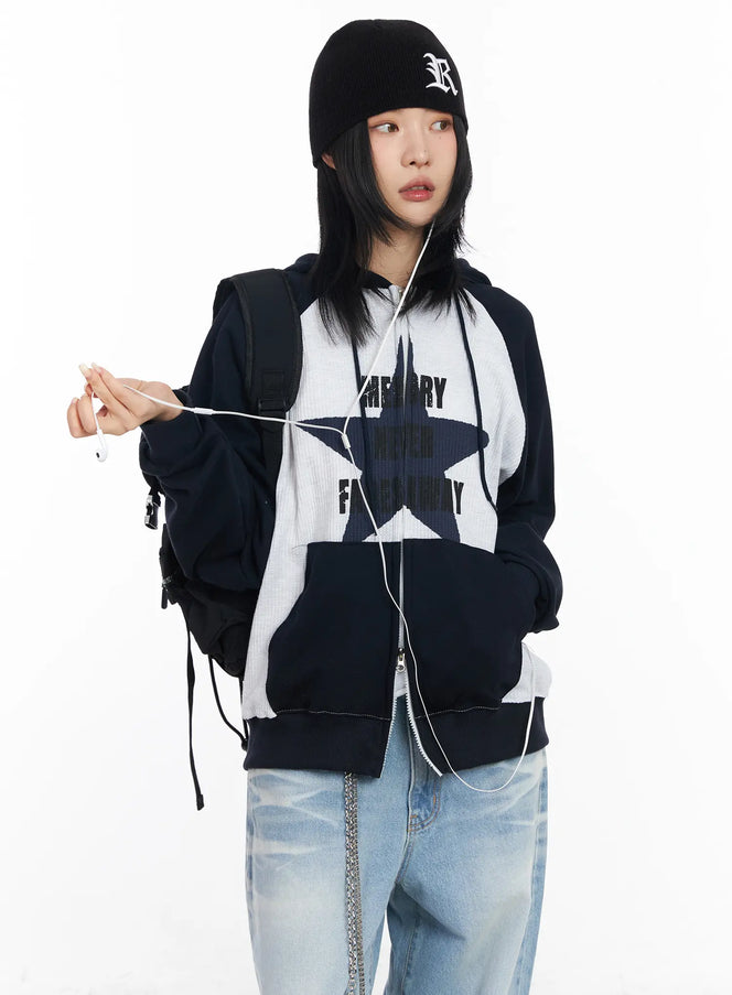 graphic-raglan-zip-up-hoodie-cf526 / Dark blue