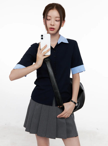 layered-collar-short-sleeve-shirt-cl524 / Dark blue