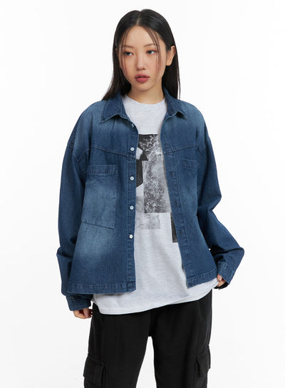 oversized-denim-pocket-blouse-cm419 / Dark blue