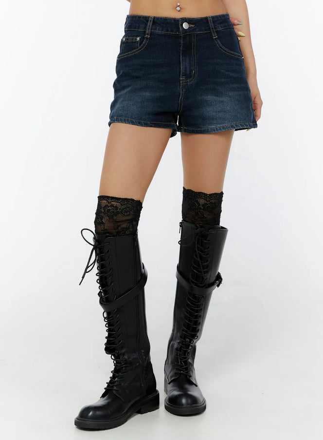 vintage-wash-hip-pad-denim-shorts-cy520 / Dark blue