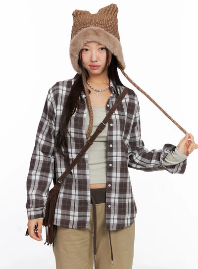 oversized-plaid-long-sleeve-flannel-shirt-co515 / Dark brown