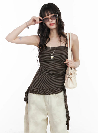 striped-frill-detail-tube-top-cm526 / Dark brown