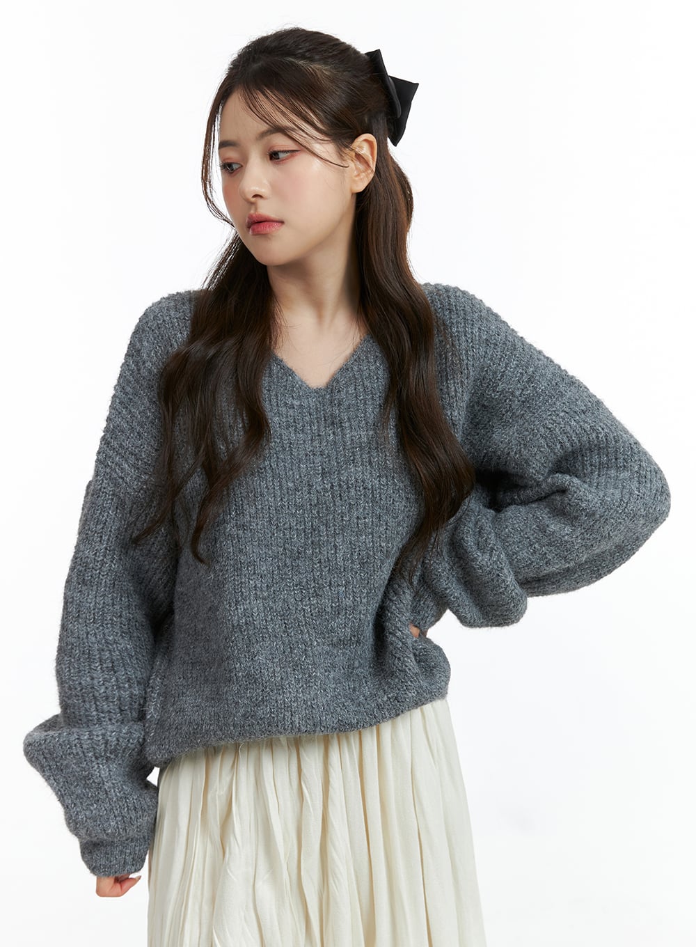 oversized-v-neck-solid-long-sleeve-sweater-oj411 / Dark gray