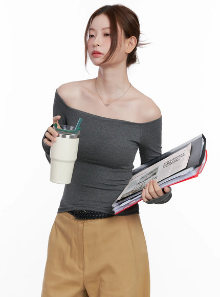 ribbed-off-shoulder-long-sleeve-top-cg520 / Dark gray