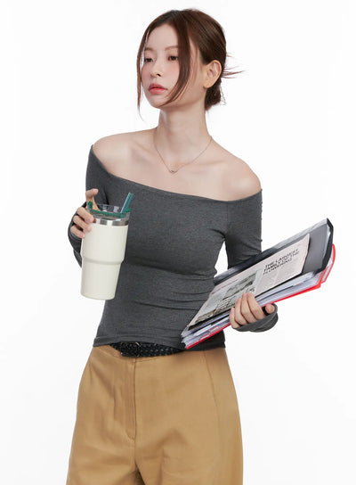 ribbed-off-shoulder-long-sleeve-top-cg520 / Dark gray