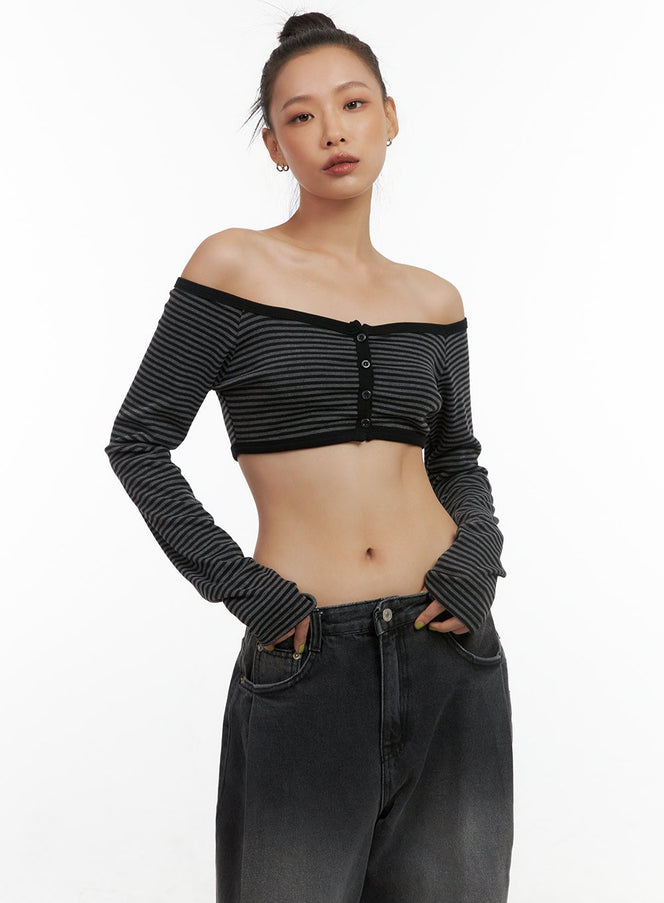 striped-off-shoulder-crop-top-co424 / Dark gray