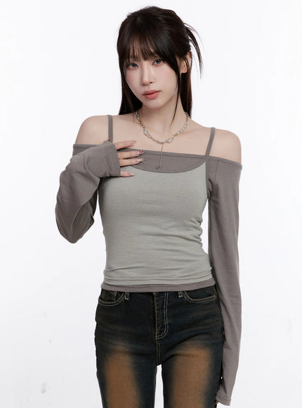 off-shoulder-layered-long-sleeve-top-co501 / Dark gray