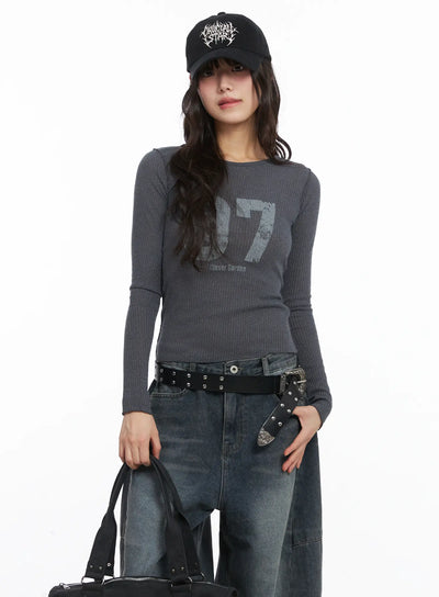 number-print-ribbed-long-sleeve-tee-cj501 / Dark gray