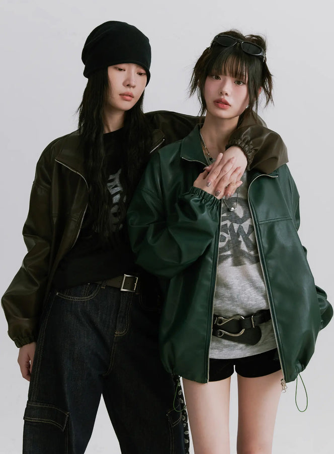 oversized-faux-leather-jacket-cn511 / Dark green