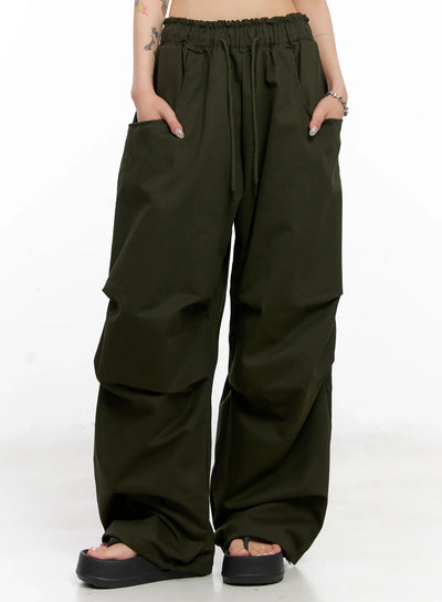 casual-wide-leg-pintuck-cotton-pants-cl525 / Dark green