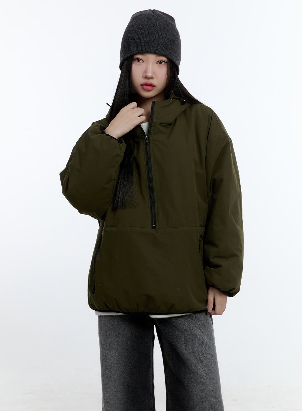 padded-half-zip-jacket-cd423 / Dark green