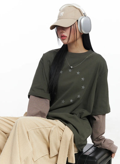 oversized-star-print-layered-long-sleeve-tee-cj514 / Dark green