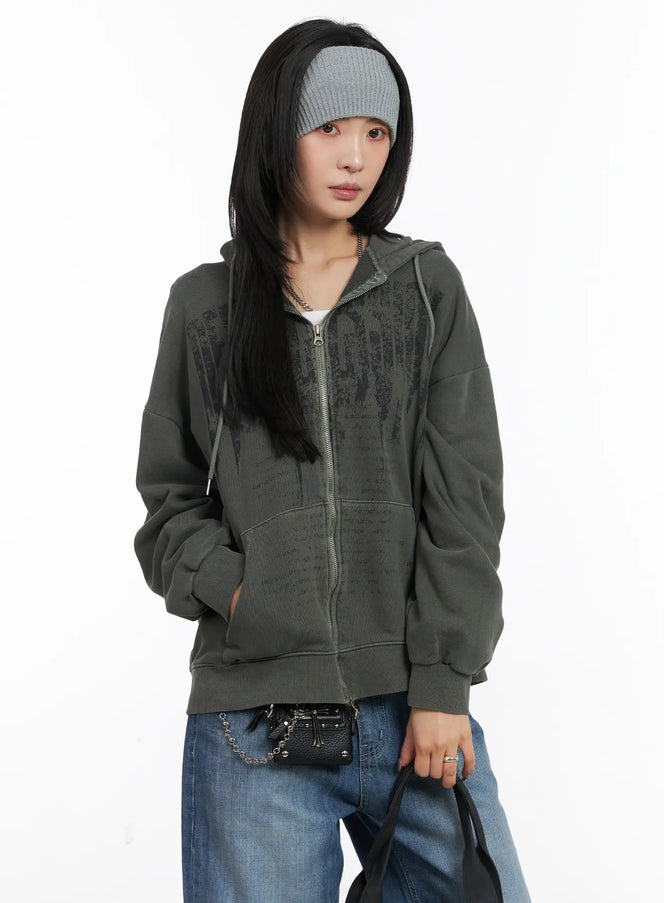 oversized-pigment-print-zip-up-hoodie-cd505 / Dark green