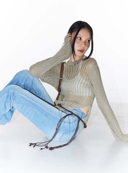 slit-mesh-knit-sweater-top-cy528 / Dark green