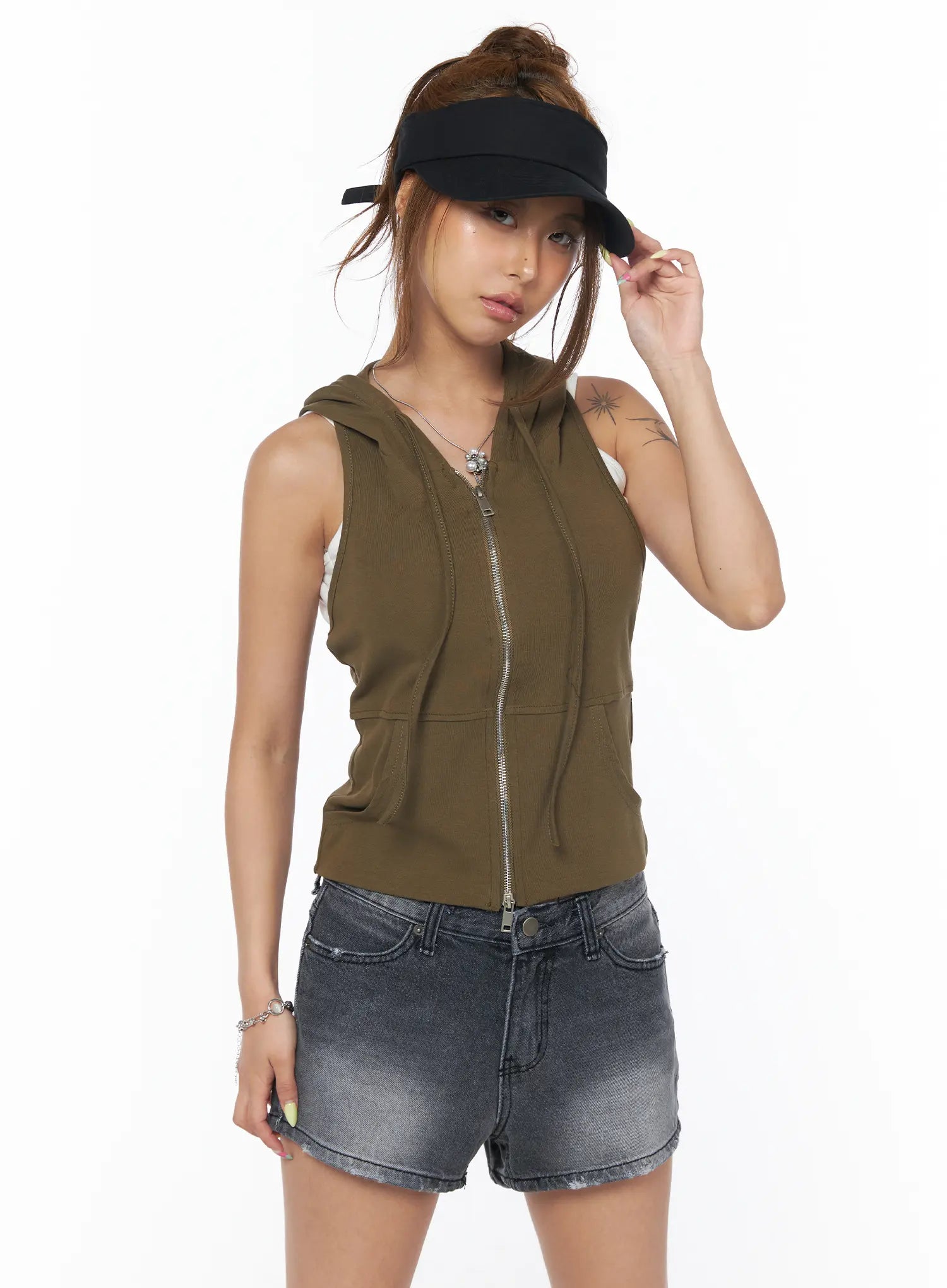 olive-sleeveless-zip-up-hoodie-cu501 / Dark green