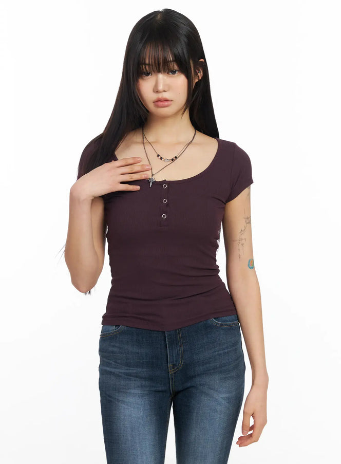 slim-fit-ribbed-button-tee-cf506-1 / Dark purple
