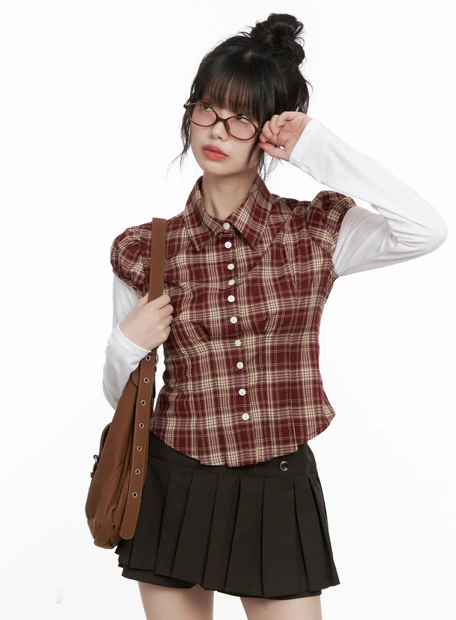 plaid-puff-sleeve-top-cg519 / Dark red