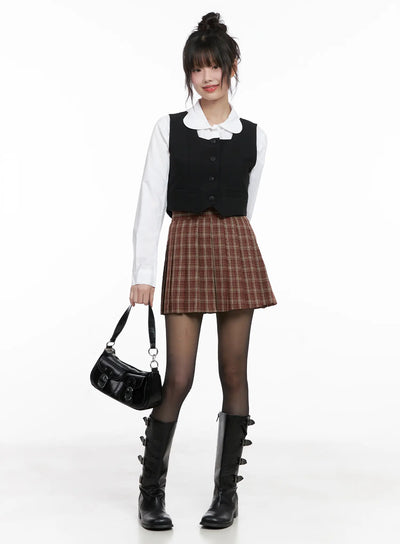 plaid-pleated-mini-skirt-cg519 / Dark red