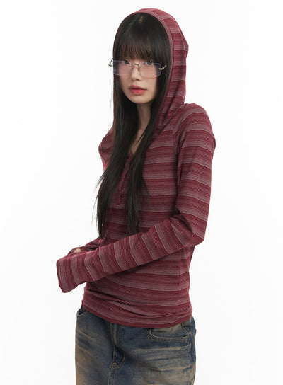 striped-buttoned-slim-fit-hoodie-cf519 / Dark red