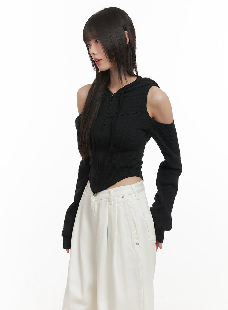 shoulder-cut-out-cropped-hoodie-cd430 / black