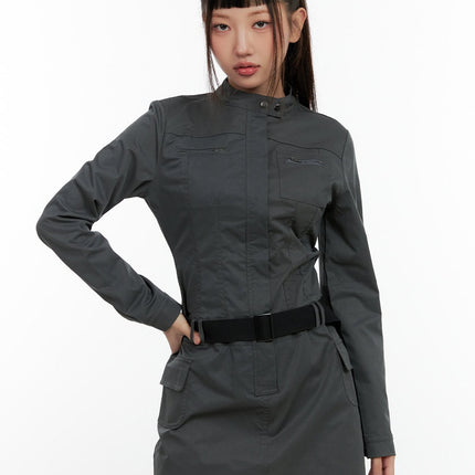 half-zip-up-belt-mini-dress-cn404 / Gray